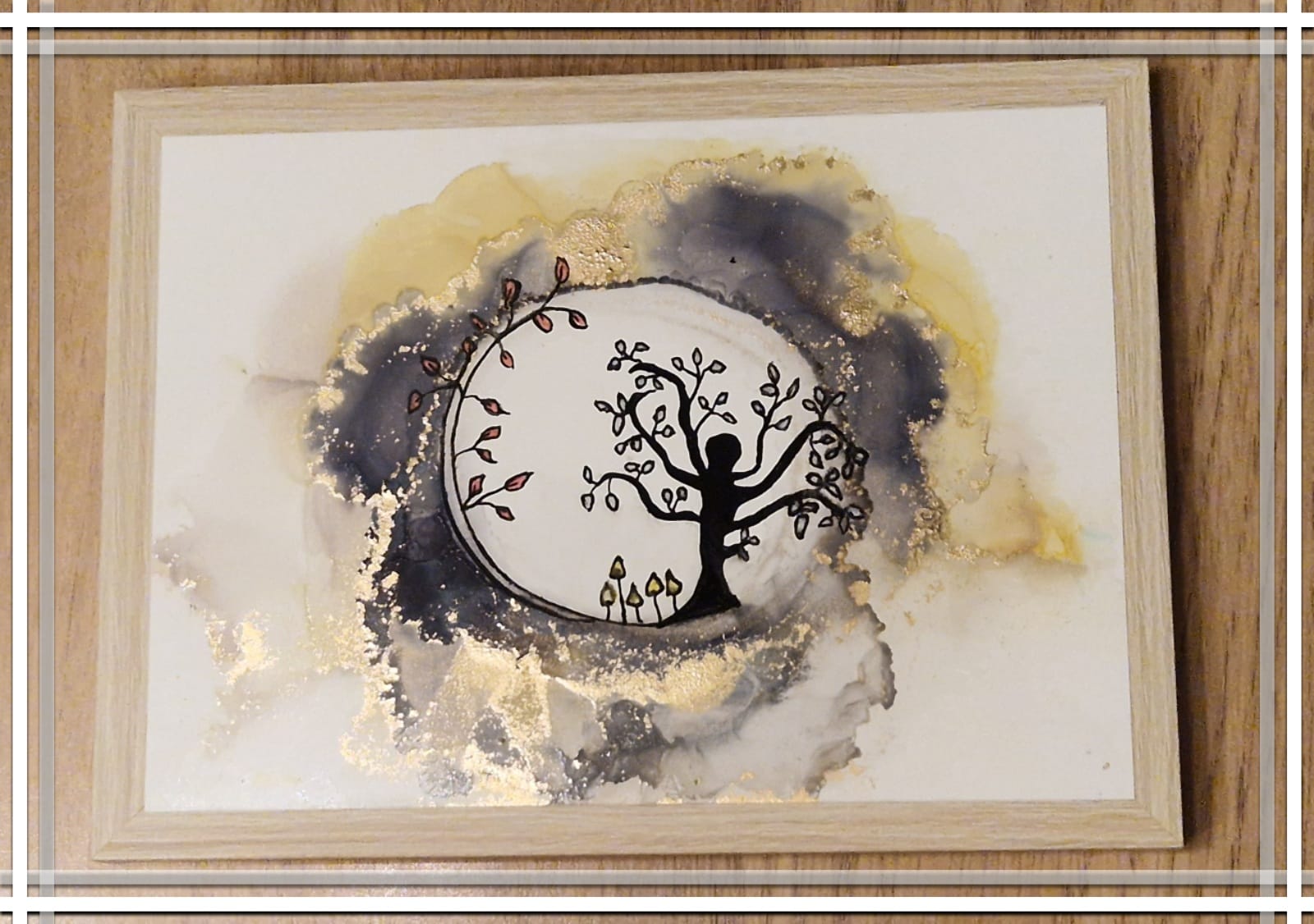 "L'arbre et la lune" - Cadre peinture a l'alcool et posca 13X18cm - BLOIS TABLEAU EXPOSITION, cadeau, fait main